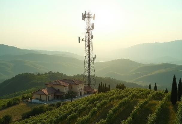 Telecommunications tower against a beautiful rural Italian landscape
